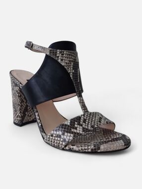 ALBANO Italy Snakeskin Sandals Heels Chunky Block Heel Leather Black 8.5